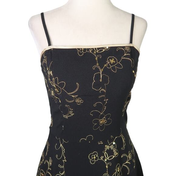 Vintage 90s Steppin' Out Black and Gold Floral Embroidered Party Dress S - Picture 2 of 5